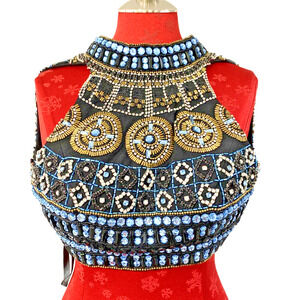 Sherri Hill Size 0 Beaded Cropped Halter Top Bustier Black Blue Gold Crystals